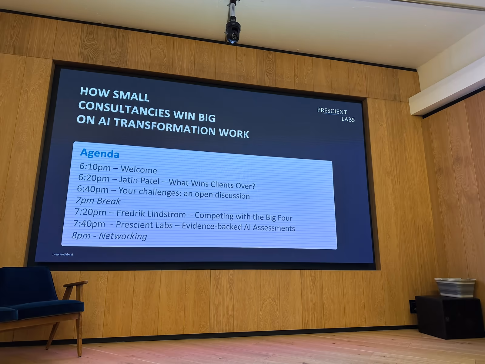 Screen showing the agenda for Prescient Labs' small AI consultancies event.